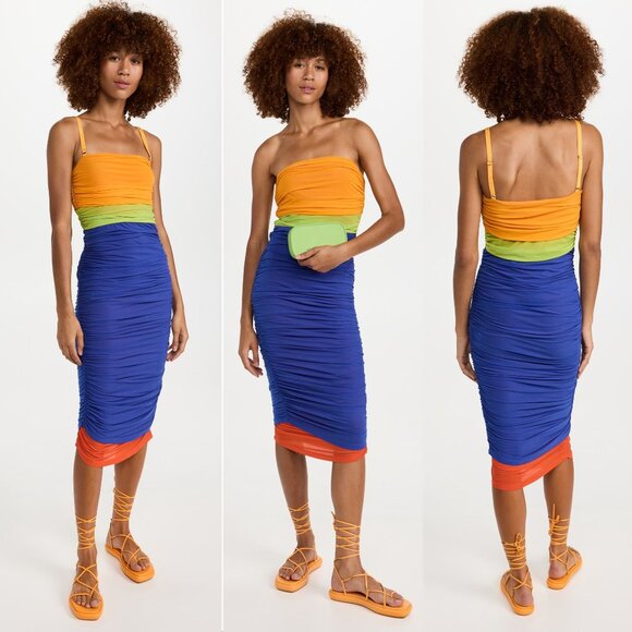 SIMON MILLER Jota Mesh Midi Bodycon DRESS Sz XS Color Block Yellow Blue NEW $295 - Picture 1 of 13
